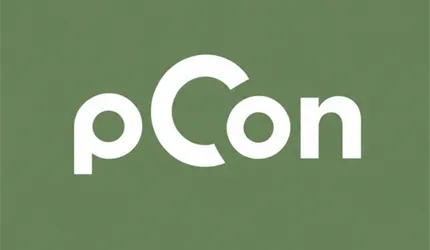 Minimalist pCon-logotyp på beige och grönt